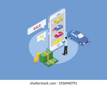 Man buying car online during online sale offer. Isometric vector concept