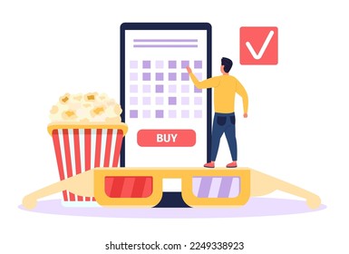 Man buying cinema tickets online. Tiny person reserving movie seats via smartphone application. Male character using gadget app to book or purchase tickets, standing on 3d glasses and popcorn vector