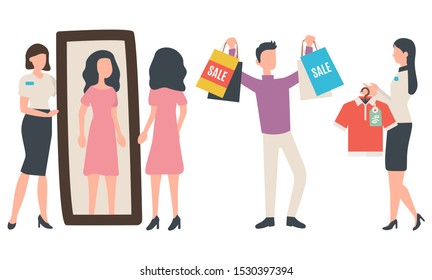 Man buying clothes, women trying dress near mirror. Sale old collection, people clothing, seller holding hanger with t-shirt with discount tag vector. Black friday sale