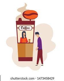 Man Buying Coffee at Coffee-Box on Street before Romantic Dating. Friendly Saleswoman Serve Male Customer. Leisurely Drinks. Sparing Time. Summer Outdoor Cafeteria. Flat Cartoon. Vector Illustration