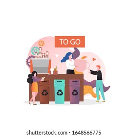 Man buying coffee to go in his own reusable cup instead of disposable cup, vector illustration. Zero waste, plastic free concept for web banner, website page etc.
