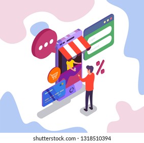 Man buying cup of coffee in phone shop. Internet shopping. Isometric illustration. 