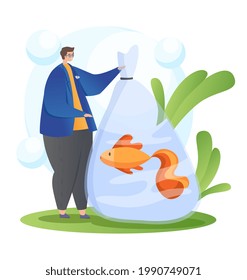 Man buying cute fish marine pets in domestic animal store. Care of pets, aquaristics hobby. Flat abstract metaphor cartoon vector illustration concept doodle design isolated on white background.