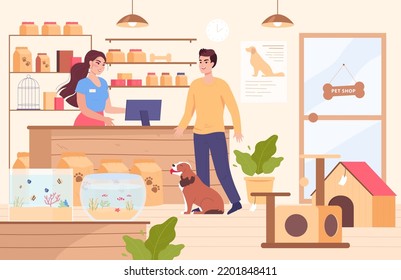 Man Buying Dog Food At Pet Shop Flat Vector Illustration. Vendor, Cahier Or Seller Standing At Counter And Selling Goods For Animals. Store Interior, Care, Commerce Concept