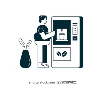 Man buying a drink at a vending machine, waiting for coffee. Character design. Vector flat illustration