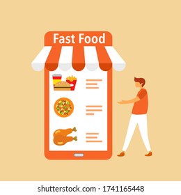A man buying fast food via online store on smartphone. Food ordering and food delivery service concept vector illustration. Choosing hamburger, pizza or chicken for his meal.