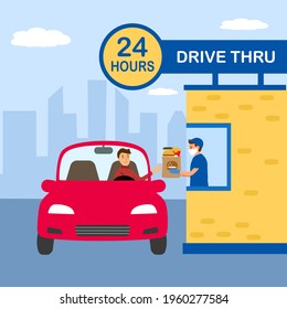 Man buying food from drive thru fast food restaurant vector illustration.