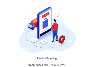 Man buying goods and controlling delivery via app. Mobile shopping concept isometric vector illustration. Internet service for ordering and tracking parcels cartoon character colour composition