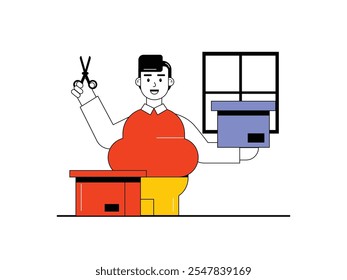 Man buying goods in e-commerce, want to open box using scissors. Character design. Vector flat illustration