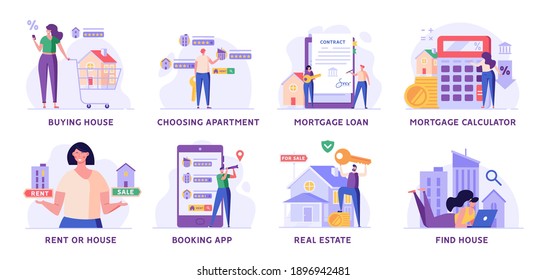 Man Buying House with Key, People Renting Apartment with Online Service, Woman Calculating Mortgage Rates. Concept of Mortgage Loan, Real Estate, Home for Sale. Vector illustration set