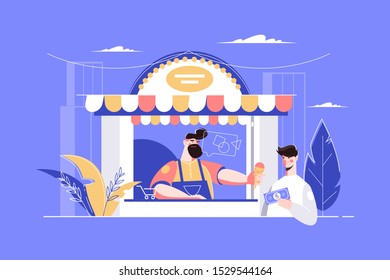 Man buying ice-cream in kiosk vector illustration. Bearded seller giving to guy with money ice cream cone flat style concept. Street food. City landscape on background