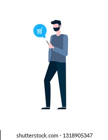 Man buying items from store purchasing things vector. Isolated client male, human with mobile cell phone and icon of online shopping trolley message