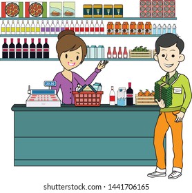 man buying lots of items from a shop