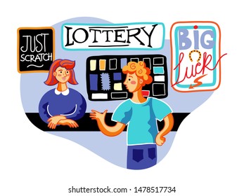 Man Buying Lottery Ticket Flat Vector Illustration. Store Customer And Smiling Saleswoman Cartoon Characters. Gambling Game, Jackpot Chance, Money Prize. Just Scratch And Big Luck Sign Boards