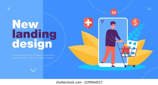 Man Buying Medication Through Pharmacy Mobile App. Tiny Person Pulling Cart On Phone Screen Flat Vector Illustration. Drug Store, Delivery Concept For Banner, Website Design Or Landing Web Page