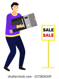 Man buying microwave oven from electronics shop. Happy character carrying electric appliance for kitchen on sale. Discounts and clearance for shoppers at market. Isolated male with device vector