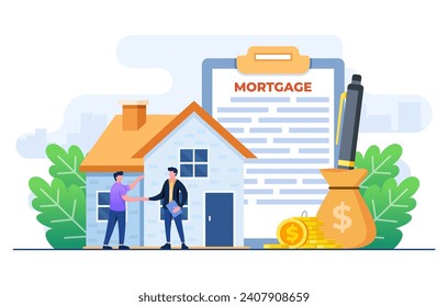 Man buying mortgage house and shaking hands with real estate agent, House loan or money investment to real estate concept template, Mortgage loan, Purchasing property, Home loan, Home bank credit