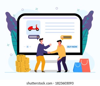 man buying motorcycle, online shopping, buying motorcycle concept. vector illustration, flat design