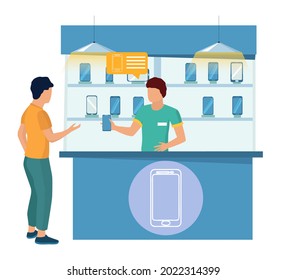 Man Buying New Cell Phone. Seller Showing Smartphone To Customer, Flat Vector Illustration. Phone Store Interior.