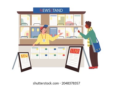 Man buying newspaper in newsstand, flat cartoon vector illustration isolated on white background. Modern communication and mass media information services.