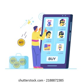 Man Buying Nft Art In Online Gallery Flat Vector Illustration. Collector With Briefcases With NFT Portfolio In Virtual Art Gallery. Investment In Nft Concept.