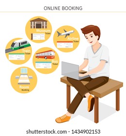 Man Buying Online Tickets, Bus, Train, Airplane, Room, Museum On Computer Notebook, Voyage, Vacationing