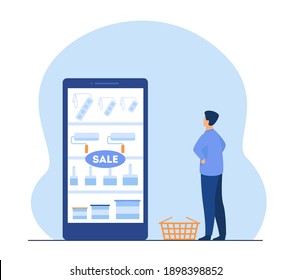 Man buying painting tools online. Internet shopping, rollers, paintbrushes. Flat vector illustration. Renovation, home repair, wall decoration concept for banner, website design or landing web page