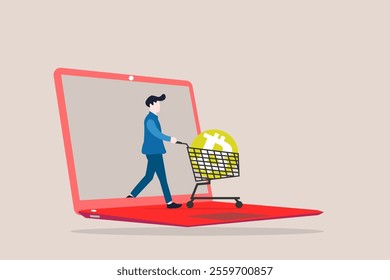 Man buying or purchasing crypto currency Bitcoin in shopping cart trolley out from laptop. concept of buying Bitcoin on sale when cryptocurrency price crash to make profit