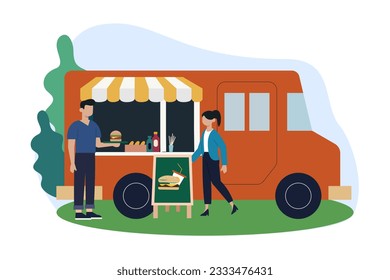 Man buying sandwich to female. Selling food outdoors. Kiosk with fast food and coffee, summer trading tents with vendors and customers. Flat vector illustration in cartoon style