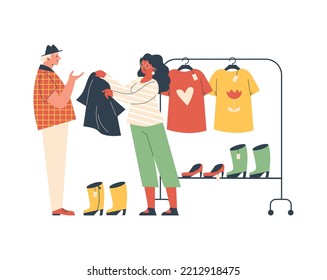 Hombre comprando ropa de segunda mano en el mercado de pulgas, ilustración vectorial plana aislada en fondo blanco. Mujer vendiendo ropa y zapatos en el bazar o en la venta de garaje. Concepto de compras.