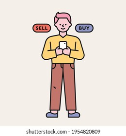 A man is buying and selling stocks on mobile. flat design style minimal vector illustration.