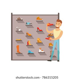 Man buying shoes in a shoe store, male shopping in a mall colorful vector illustration