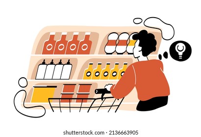 Man buying souse. People in grocery store or shop. Young guy looking for salad dressing. Customer demand, regular customer. Concept of idea, choice and decision. Cartoon flat vector illustration