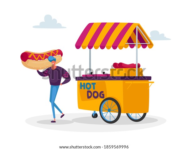 Man Buying Street Food, Takeaway Junk Meal\
from Wheeled Cafe or Food Truck. Tiny Male Character with Huge Hot\
Dog at Car Restaurant Wagon, Transport on Wheels with Canopy.\
Cartoon Vector\
Illustration