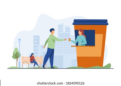 Man buying takeaway coffee in street kiosk. Drink, cup, city flat vector illustration. Urban lifestyle and beverage concept for banner, website design or landing web page