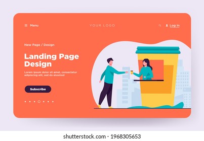 Man buying takeaway coffee in street kiosk. Drink, cup, city flat vector illustration. Urban lifestyle and beverage concept for banner, website design or landing web page