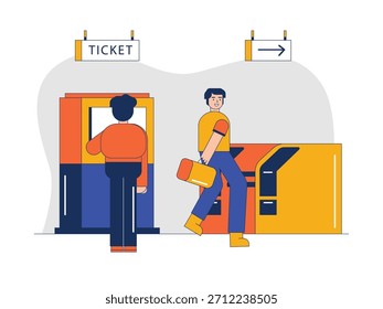 Un hombre está comprando un boleto en una máquina para subir al tren, lo que lo hace cómodo para los pasajeros. Diseño de personajes. Ilustración plana de Vector