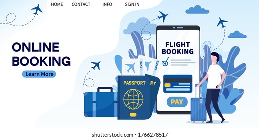 Man buying ticket on flight via mobile app. Concept of online flight booking service, check in service. Flat vector illustration of landing page template of book your flight