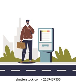 Hombre comprando un billete para un autobús público en una máquina de autoservicio. Pasajero masculino en la estación de autobuses. Concepto de transporte público urbano. Dibujo vectorial plano de dibujos animados
