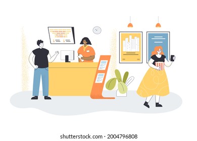 Man buying tickets at box office in movie theatre. Cashier selling tickets to films at counter flat vector illustration. Cinema, entertainment concept for banner, website design or landing web page