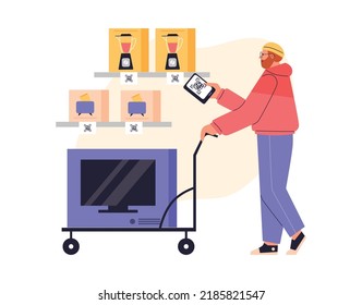 Man buying TV in hardware store and scanning QR code, flat vector illustration isolated on white background. Retail shop digitalisation concept. QR code contains information about items for sale.