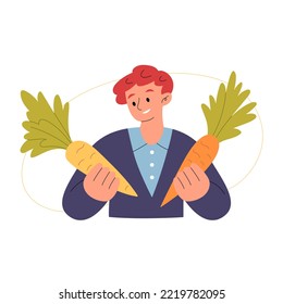 Hombre comprando verduras y eligiendo entre dos zanahorias. Comprar personajes masculinos en supermercados, supermercados o mercados. Retrato de longitud húmeda. Ilustración plana minimalista dibujada a mano