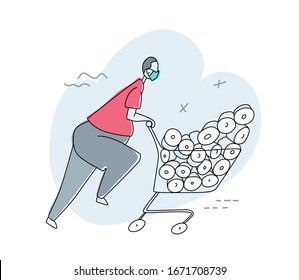 A man buys all the toilet paper rolls, runs with a cart in a supermarket. A person wears protective mask. Consequences of the COVID-19 virus. Vector cartoon colored black contour illustration.