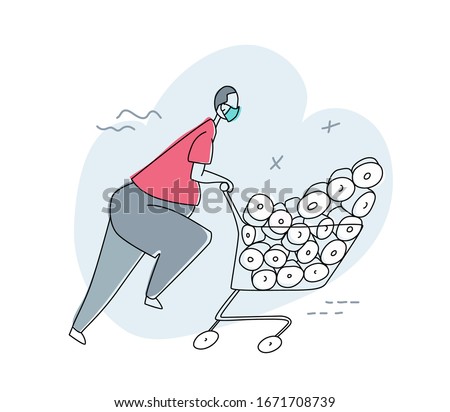 A man buys all the toilet paper rolls, runs with a cart in a supermarket. A person wears protective mask. Consequences of the COVID-19 virus. Vector cartoon colored black contour illustration. Foto d'archivio © 