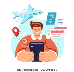 Man buys or books airline tickets online using mobile app on smartphone. Airplane travel application