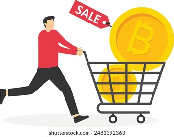 man buys cryptocurrency Bitcoin in shopping cart to speculate on future earnings.

