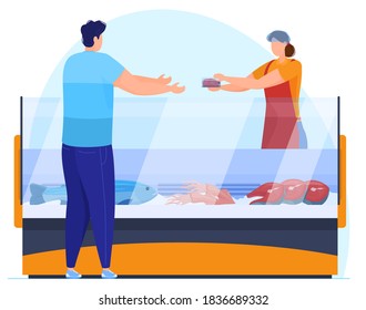 Man buys fish fillet in supermarket, seller weighs goods, vector illustration