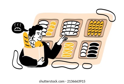 Man buys fresh bread. People in grocery store or shop. Character standing with bag in his hands, attractive guy looking for snack. Big choice and many products. Cartoon flat vector illustration