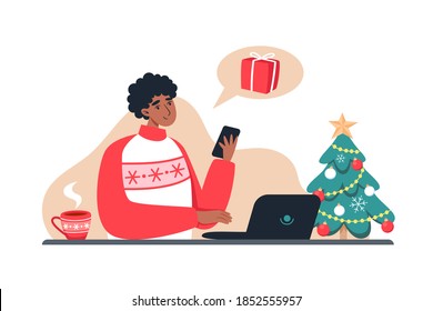 Man buys gifts in an online store, New Year's and Christmas online shopping from home. Vector illustration