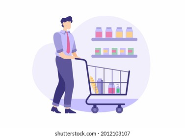 Man buys groceries after work. Male character in business suit is carrying food cart. Shelves with canned food and juice cans. Ingredients for nutritious dinner at home. Vector flat illustration